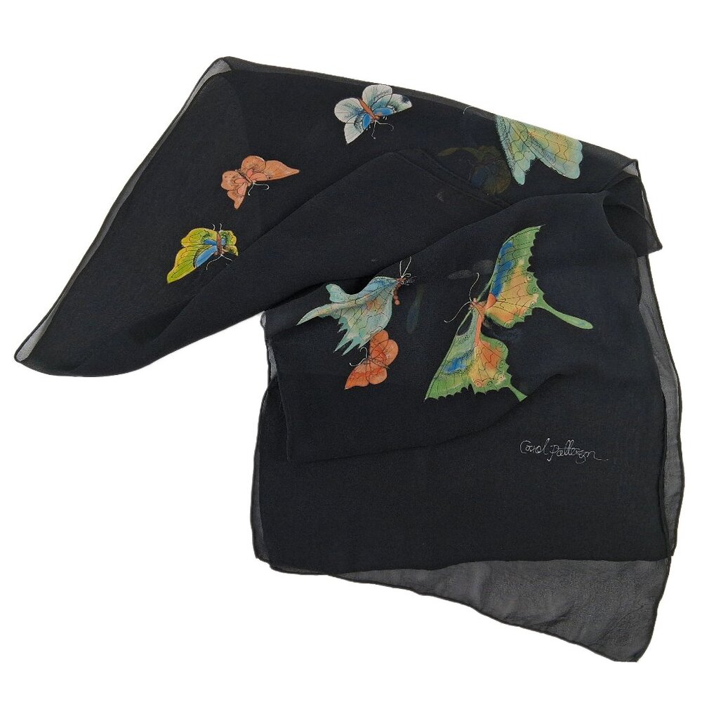 Carol Patterson VTG Hand Painted Silk Scarf Signed Butterfly Black Hand-Rolled